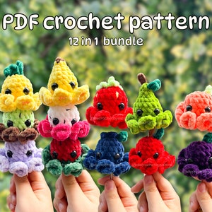 May include: A set of 12 crochet amigurumi patterns featuring fruit-themed octopus designs. The octopus are made with colorful yarn and have cute faces. The patterns are available as a PDF download.  PDF crochet pattern 12 in 1 bundle.