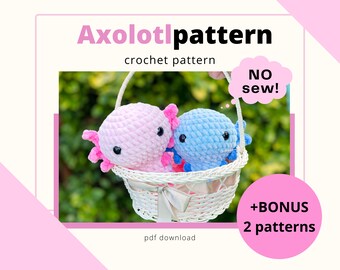 Axolotl ' crochet pattern, no-sew easy amigurumi plush toy, beginner friendly