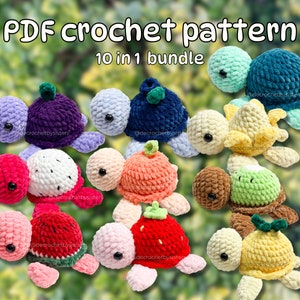 Crochet fruit turtle plushie LOW sew pattern; amigurumi bundle 10in1 cute fruit turtles, Intermediate level crochet pattern