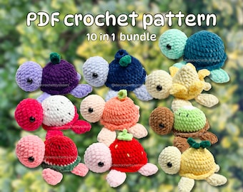 Gehaakte fruitschildpad knuffel LAGE naaipatroon; amigurumibundel 10in1 schattige fruitschildpadden, haakpatroon voor gemiddeld niveau