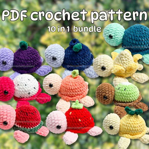 Patron de couture LOW pour peluche tortue fruitée au crochet ; Lot amigurumi 10 en 1 jolies tortues fruitières, modèle au crochet pour niveau intermédiaire