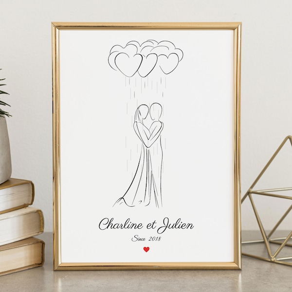 Affiche Saint-Valentin, doux câlin sous la pluie de cœurs, déclaration romantique, cadeau pour couple, amour infini, moment magique.