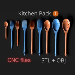 Archivos CNC para cucharas y tenedores – Utensilios de cocina de madera – Archivos STL+OBJ para fresadora CNC (Descarga digital)