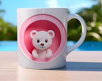 3D Teddy Bear Hole in Wall  Wrap, 11oz And 15oz Mug Template, Mug Sublimation Design, Mug Wrap Template, Instant Digital Download PNG