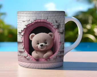 3D Teddy Bear Hole in Wall  Wrap, 11oz And 15oz Mug Template, Mug Sublimation Design, Mug Wrap Template, Instant Digital Download PNG