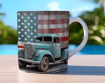 3D American Flag Old Truck Wrap, 11oz And 15oz Mug Template, Mug Sublimation Design, Mug Wrap Template, Instant Digital Download PNG