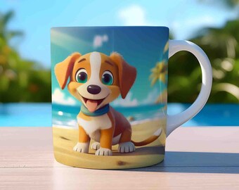 3D Cute Beach Puppy Dog Wrap, 11oz And 15oz Mug Template, Mug Sublimation Design, Mug Wrap Template, Instant Digital Download PNG