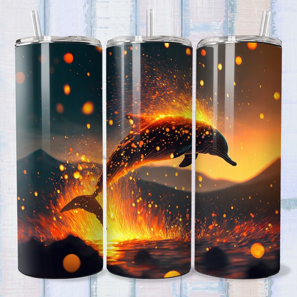 Enveloppement de feu de dauphin 3D, enveloppement de gobelet maigre de 20 oz, PNG de sublimation, conception de gobelet droit, enveloppement de gobelet de dauphin