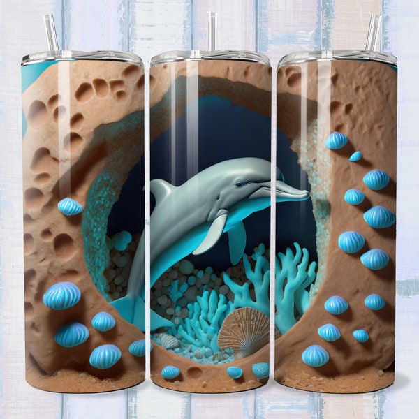 Emballage 3D pour gobelet des grottes des dauphins, emballage de verre mince 20 oz, sublimation PNG, conception de gobelet droit et conique, emballage de gobelet dauphin