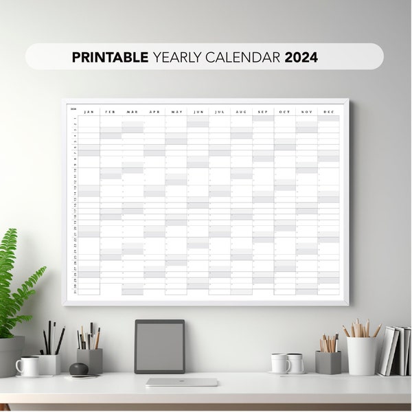 2024 Yearly Planner on one page, Printable simple yearly planner 2024, pastel landscape printable wall calendar planner, 1 page planner