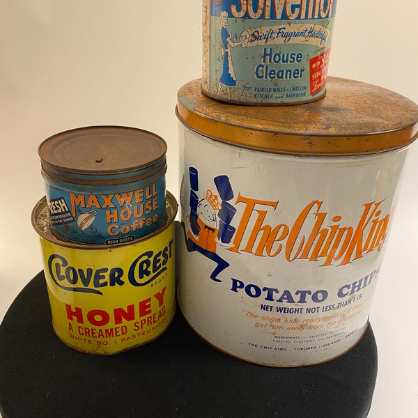 Zinnsammlung aus den 1950er Jahren Maxwell Coffee, The ChipKing, Clover Crest Honey Zinn