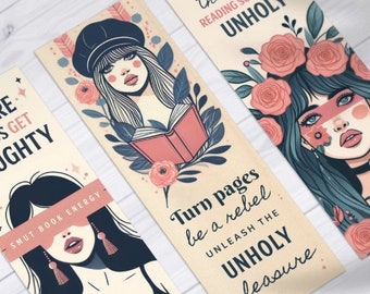 3 Unique smut reader floral printable bookmarks bundle, Instant digital download designs png, best accessories gift for her and books club