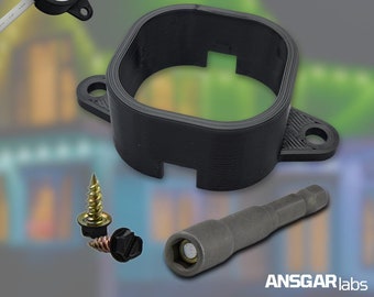 May include: A set of black plastic parts for mounting a small LED light. The set includes a mounting bracket, two screws, and a screwdriver bit. The LED light is not included.