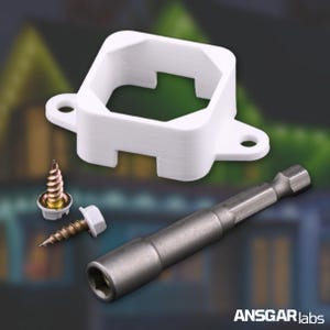 May include: A white plastic hexagonal-shaped mounting bracket with two tabs, two screws with gold-colored heads, and a silver-colored screwdriver bit.