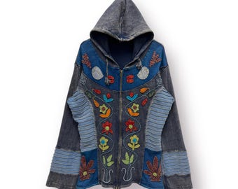 Black Boro Hoodie With Fully Embroidered Hand-stitched Sashiko