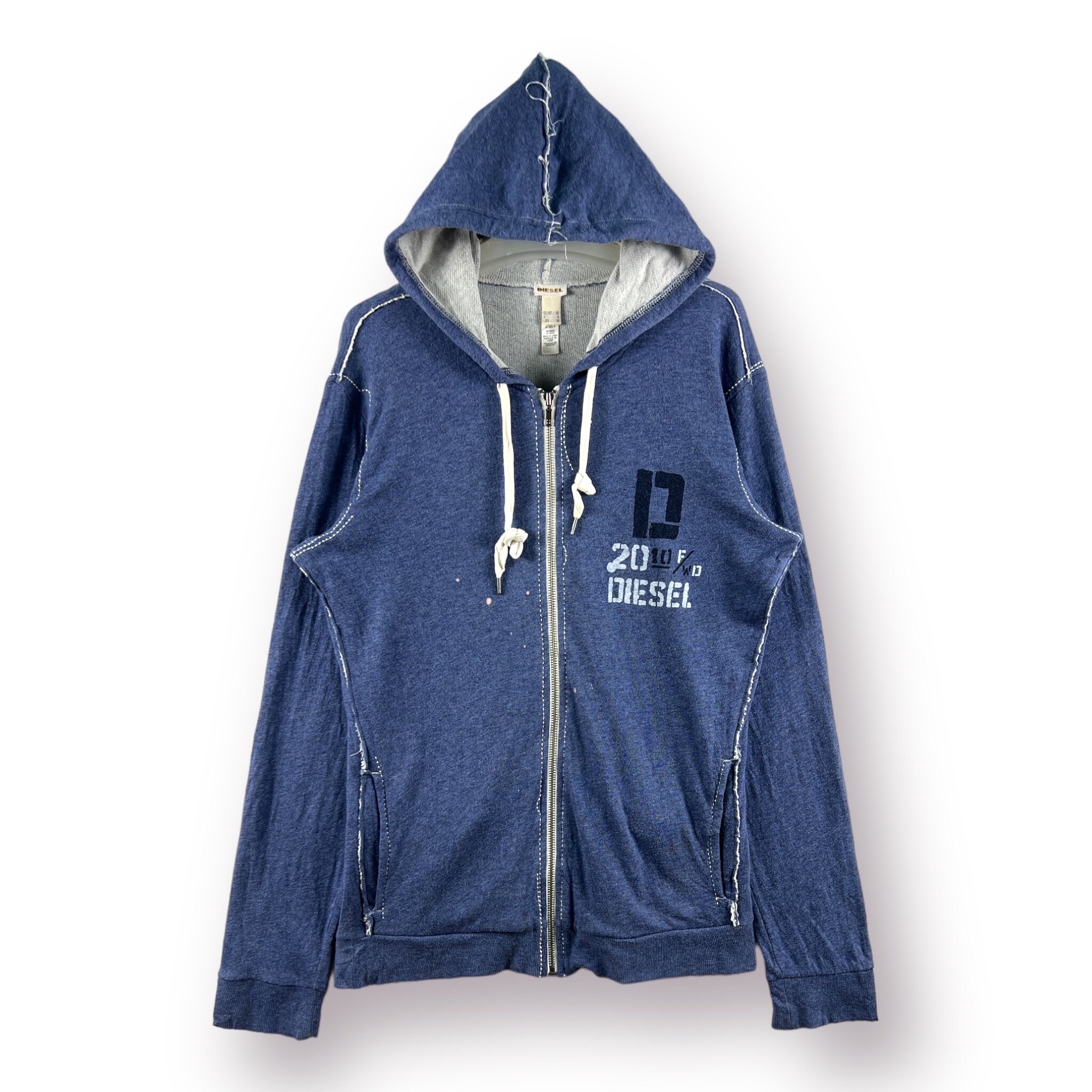Vintage Diesel Sweater Zipper Hood Distressed Design Light Blue