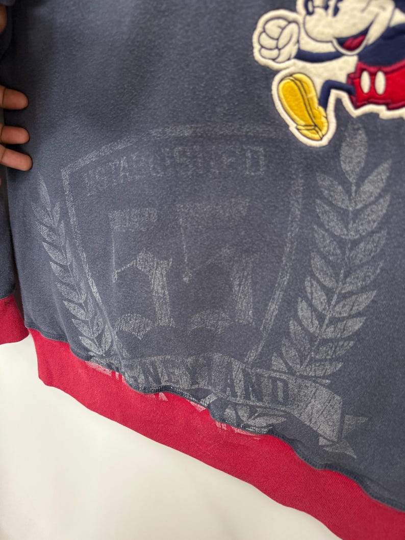 May include: Navy blue sweatshirt with a red bottom hem. Features a faded graphic of a crest with text and a Mickey Mouse patch. The sweatshirt has a vintage aesthetic.