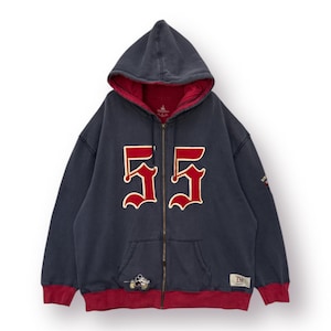 May include: Navy blue zip-up hoodie with a red interior and trim. The number "55" is prominently displayed in red with a white outline on the front. Features a hood, front pockets, and a small Mickey Mouse graphic.