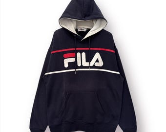 Vintage FILA Big Logo hoodie sweatshirt in Dark Blue - L