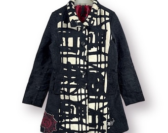 Vintage Desigual Abstract Black & White Patterned Coat with Red Lining – Artistic Statement Jacket