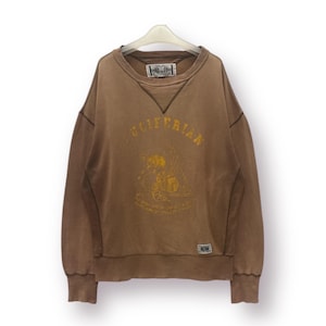 May include: Brown sweatshirt with a V-neck and long sleeves. The front features the word "SCIFERIAN" in yellow, along with a graphic design. The sweatshirt has a vintage, worn look, with a tag at the neckline and a small label at the bottom.