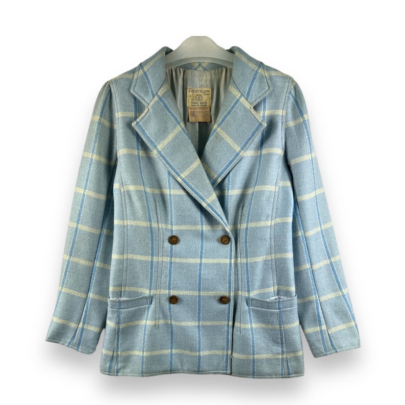 Vintage Courreges Made in France double-breated tartanwollen jas voor dames afbeelding 1