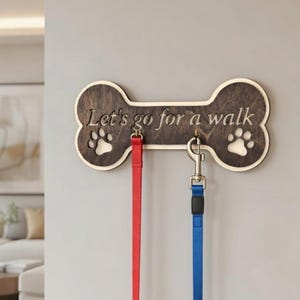 Personalized Dog Bone Leash Holder - Let's Go for a Walk Wall Key Rack - Dog Mom Gift - Paw Print Entryway Decor - Wooden Pet Accessories
