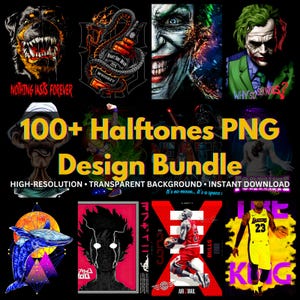 Può includere: Una collezione di design grafici con varie illustrazioni, tra cui un Rottweiler, il Joker e giocatori di basket. I design sono etichettati come "100+ Halftones PNG Design Bundle" con testo che indica alta risoluzione e download immediato.