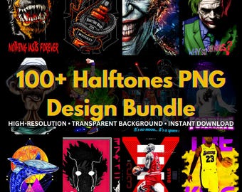 100+ PNG Design Bündel | Halbton-Effekt | DTF DTG Sublimationsdesigns | Druckfertige Anime T-Shirt Grafik