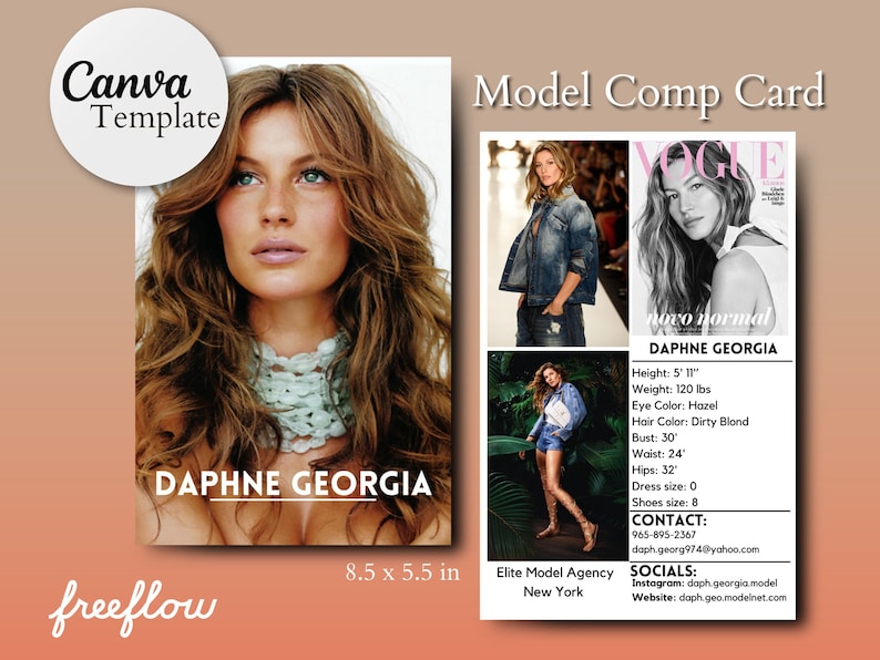 May include: Model comp card for Daphne Georgia, a female model. The card includes her measurements, contact information, and social media handles. The card also features several photos of Daphne in different poses.