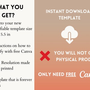 May include: A digital download template for Canva. The template is 8.5 x 5.5 inches and includes instructions on how to modify it. The text "INSTANT DOWNLOAD TEMPLATE" and "YOU WILL NOT GET A PHYSICAL PRODUCT" is displayed in white text on a red background. The text "ONLY NEED FREE Canva" is displayed in white text on a pink background.