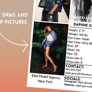 May include: A model poses in a jungle setting wearing a blue denim jacket and a pair of denim shorts. The model is wearing a pair of high-heeled gladiator sandals. The text "novo normal" is visible in the background. The model's name, Daphne Georgia, is listed along with her height, weight, eye colour, hair colour, bust, waist, hips, dress size, shoe size, contact information, and social media handles.