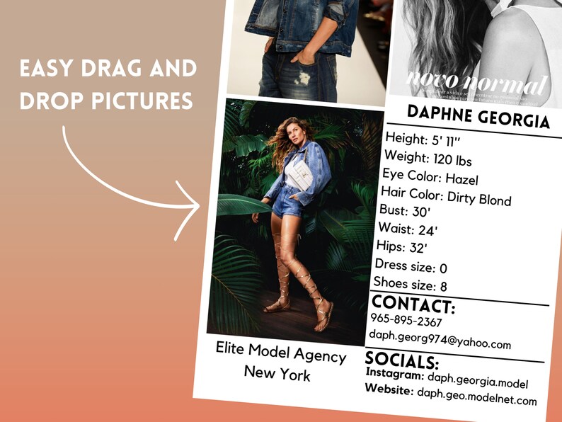 May include: A model poses in a jungle setting wearing a blue denim jacket and a pair of denim shorts. The model is wearing a pair of high-heeled gladiator sandals. The text "novo normal" is visible in the background. The model's name, Daphne Georgia, is listed along with her height, weight, eye colour, hair colour, bust, waist, hips, dress size, shoe size, contact information, and social media handles.