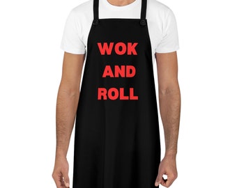 Wok and Roll Funny Pun Apron Adult Unisex Apron Kitchen Yan Can Cook Holiday Gift for Dad Husband Boyfriend Rock and Roll