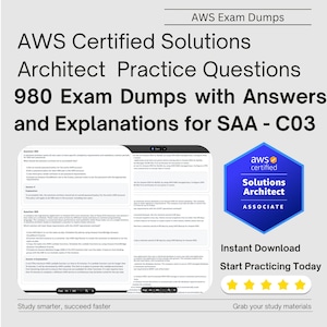 Op de afbeelding: Een blauw en wit badge met de tekst "aws certified Solutions Architect Associate" en een wit vinkje in een cirkel. De tekst "Instant Download Start Practicing Today" staat onder het badge. Vijf gouden sterren staan onder de tekst. De tekst "Grab your study materials" staat onder de sterren.