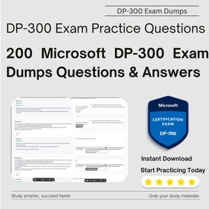 Puede incluir: Una insignia de examen de certificación de Microsoft azul y blanca con el texto "DP-300" y las palabras "Certification Exam" en texto blanco. La insignia está rodeada por una estrella blanca. El texto "Descarga instantánea Comienza a practicar hoy" está en texto blanco sobre un fondo azul. Cinco estrellas doradas están debajo del texto. El texto "Obtén tus materiales de estudio" está en texto blanco sobre un fondo azul. El texto "DP-300 Exam Dumps" está en texto negro sobre un fondo blanco. El texto "DP-300 Exam Practice Questions" está en texto negro sobre un fondo blanco. El texto "200 Microsoft DP-300 Exam Dumps Questions & Answers" está en texto negro sobre un fondo blanco. El texto "Estudia más inteligentemente, triunfa más rápido" está en texto negro sobre un fondo blanco.