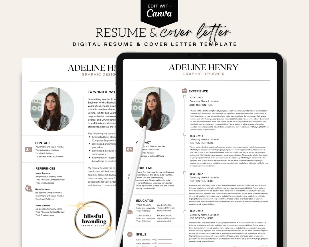 Minimalist Resume Template for Canva Cover Letter and - Etsy