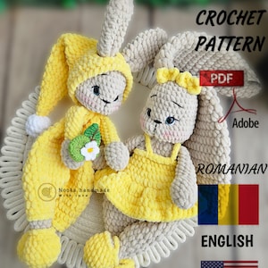 May include: Two handmade crochet bunny dolls. One bunny wears a yellow outfit and hat, holding a green and white flower. The other bunny wears a yellow dress and bow. The image includes text: "PDF Crochet Pattern".