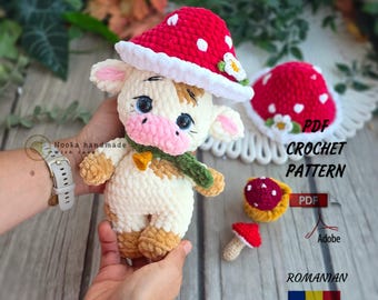 Baby Roua cow / Crochet Cow  Plush Toy Pdf/ Autumn Cow Doll/ Cute Crochet Animal/ Mushroom cow  /low sew baby  cow