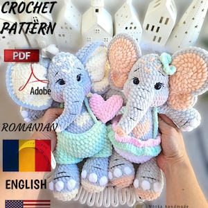May include: PDF crochet pattern for two amigurumi elephants. One elephant is light blue and pink, the other is peach and pink. Both elephants are wearing crocheted dresses. The pattern is available in both Romanian and English.