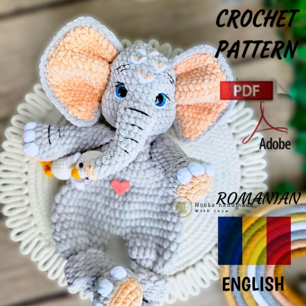 Patrón de amigurumi de elefante a crochet: Peluche de confort para abrazar (patrón en PDF)