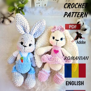 May include: PDF crochet pattern for two amigurumi bunnies. One bunny is blue and white with a carrot, the other is pink and white with a heart. The pattern is available in both English and Romanian.