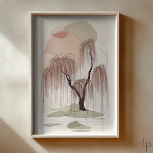 May include: Framed art print featuring a minimalist illustration of a weeping willow tree. The artwork uses a muted color palette of brown, beige, and green. The tree's branches and leaves are depicted with delicate lines, creating a serene and natural scene.