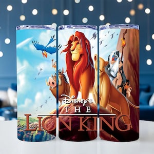 May include: Three stainless steel tumblers featuring a colourful image of characters from Disney's The Lion King. The tumblers depict Simba, Pumbaa, Timon, and Mufasa.