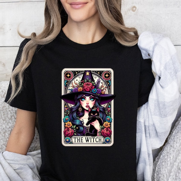 The Witch Tarot Card Shirt, Gothic Sublimation Shirt, Pretty Witchy Vibes Wicca Pagan Black Cat Cool Tarot T-shirt, Tarot Card Shirts, Women