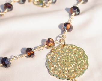 17.5 Inch Golden mandala and Czech crystal necklace