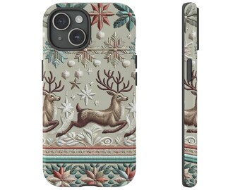 Reindeer Embroidered Phone Case, 3D Winter Embroidery Phone Cover, Christmas Pattern Case, Winter Cases For iPhone, Samsung & Google Pixel