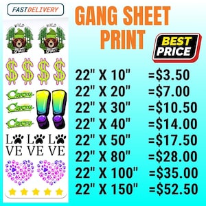 DTF Transfer Gang Sheet, Full Color DTF, Gang Sheets, Bulk Order, Wholesale DTF Print T-Shirt Heat Transfer, Press Ready, Custom Transfer