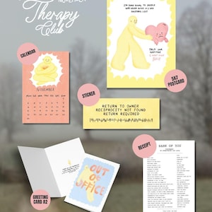 May include: A collection of stationery items including a November calendar, a yellow postcard with a yellow figure holding a pink heart, a sticker with text, an A2 greeting card with the text Out of Office, and a Bank of You receipt.