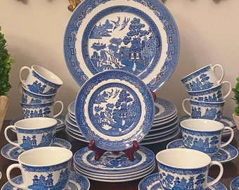 Johnson Bros Blue Willow Dinner Plates, Bread and Butter Plates, Cups and Saucers